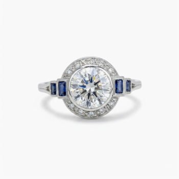 1.30 CT Round Moissanite Halo Ring Blue Baguette Side Stones Art Deco Engagement Ring Vintage Milgrain 925 Silver
