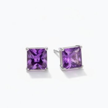 2.0 CT Princess Cut Purple Stud Earrings Lab Created Gemstone VVS 925 Silver Square Solitaire Studs Push Back Minimalist Jewelry