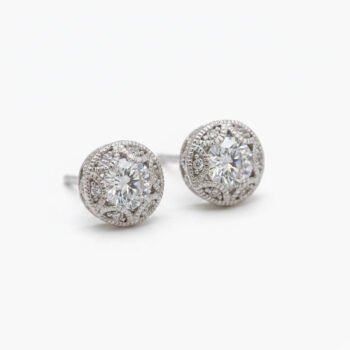 1.20 CT Round Cut Vintage Halo Moissanite Stud Earrings DE VVS 925 Silver Milgrain Floral Studs Push Back Bridal Earrings