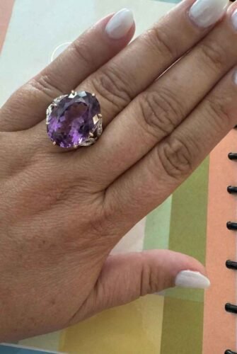 Click to view full screen 41.21 CT Oval Cut Purple Amethyst Ring Statement Cocktail Ring Leaf Prong Set Vintage Style 925 Silver photo review