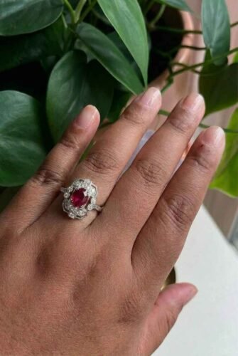 Click to view full screen 1.20 CT Oval Garnet Halo Ring Art Deco Vintage Engagement Ring Lab Created Garnet Milgrain Diamond Halo Silver Ring photo review