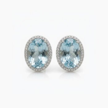 7.68 CTW Oval Aqua Lab Created Stone Halo Stud Earrings, Moissanite Halo Earrings, 925 Sterling Silver Push Back Earrings, Bridal Statement Jewelry