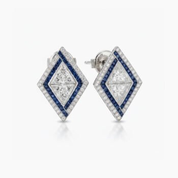 3.00 CT Art Deco Trillion Cut Moissanite Kite Set Blue Sapphire Halo Earrings set Vintage 925 Silver