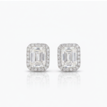 2.40Ct Emerald Cut Moissanite Halo Stud Earrings, 925 Sterling Silver, E-D Color VVS1 Clarity, Round Moissanite Accents