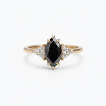 Black Marquise Moissanite Engagement Ring 0.82ct, Triangle Side Stones, Three Stone Ring, 925 Silver, Minimalist Statement Ring