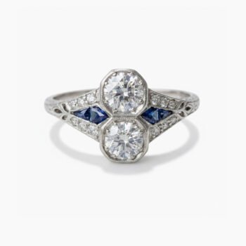 2.02 CT Round Moissanite Two Stone Ring Art Deco Toi et Moi Ring Blue Accent Vintage Engagement Ring Filigree Silver Ring