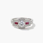 1.00 CT Round Moissanite Art Deco Halo Ring Ruby Accent Engagement Ring Vintage Milgrain Square Halo Silver Ring