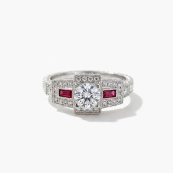 1.00 CT Round Moissanite Art Deco Halo Ring Ruby Accent Engagement Ring Vintage Milgrain Square Halo Silver Ring