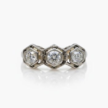 1.52 CT Round Moissanite Three Stone Ring Hexagon Bezel Set Vintage Art Deco Engagement Ring Minimalist Silver Band
