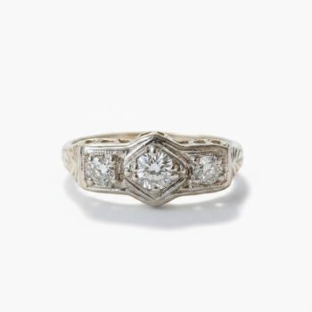 1.02 CT Round Moissanite Three Stone Ring Vintage Art Deco Bezel Set Diamond Shape Center Minimalist Engagement Ring Silver