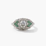 1.0 CT Round Moissanite Art Deco Ring Green Accent Vintage Filigree Engagement Ring Square Halo 925 Silver