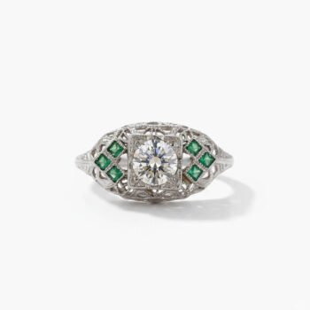 1.0 CT Round Moissanite Art Deco Ring Green Accent Vintage Filigree Engagement Ring Square Halo 925 Silver
