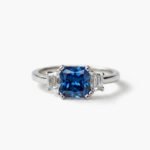 2.02 CT Blue Asscher Cut Lab Created Sapphire Ring Baguette Side Stones Art Deco Three Stone Engagement Ring 925 Silver