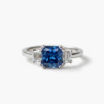 2.02 CT Blue Asscher Cut Lab Created Sapphire Ring Baguette Side Stones Art Deco Three Stone Engagement Ring 925 Silver