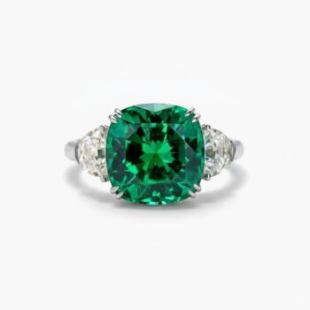 3.52 CT Green Cushion Cut Lab Created Emerald Ring Three Stone Engagement Ring Trillion Side Moissanite 925 Silver