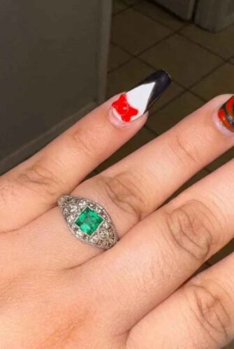 Art Deco Emerald Ring Princess Cut Green Stone Ring Vintage Filigree Ring Moissanite Accent Ring 925 Sterling Silver photo review