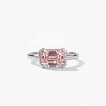 3.45 Carat Emerald Cut Light Pink Lab Created Stone Ring in 925 Sterling Silver | East-West Half Bezel Ring for Women