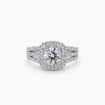 0.80Ct  Round Cut  Certified Lab Grown Diamond Double Halo Engagement Ring, Triple Pavé Split Band, 14K White Gold, F Color VS Clarity