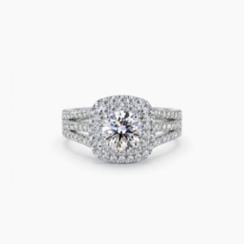 0.80Ct  Round Cut  Certified Lab Grown Diamond Double Halo Engagement Ring, Triple Pavé Split Band, 14K White Gold, F Color VS Clarity