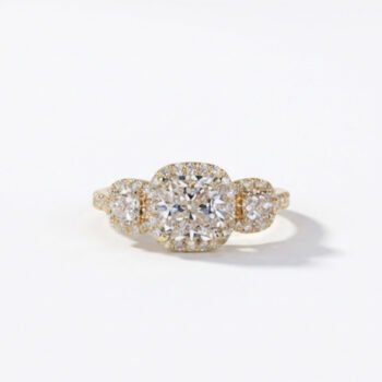 1.25Ct IGI Certified Cushion Cut Lab Grown Diamond Three Stone Halo Ring, Cushion & Round Accents 0.73Ct, 14K Yellow Gold, F Color VS Clarity