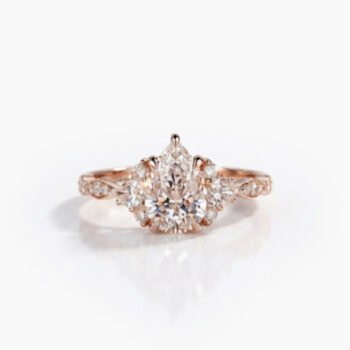 1.0-3.0Ct IGI Certified Pear Cut Lab Grown Diamond Cluster Engagement Ring, Pear & Round Accent Milgrain Band, 14K Rose Gold, F Color VS1 Bridal Ring