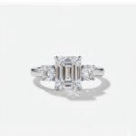 6.60Ct Emerald Cut Moissanite Three Stone Ring, Round Side Stones 2.20Ct, 925 Sterling Silver, E-D Color VVS1 Clarity Elegant Bridal Ring