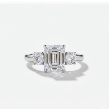 6.60Ct Emerald Cut Moissanite Three Stone Ring, Round Side Stones 2.20Ct, 925 Sterling Silver, E-D Color VVS1 Clarity Elegant Bridal Ring