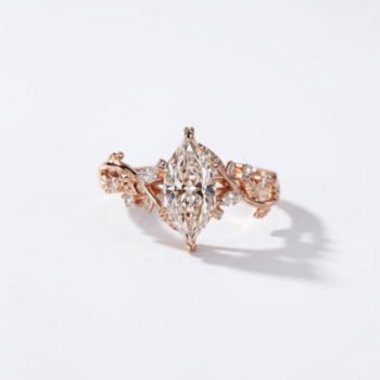 1.0-4.0Ct Dutch Marquise Lab Grown IGI Certified  Nature Inspired Leaf Ring, Marquise & Round Side Stones, 10K  Gold, F Color VS Clarity Bridal Ring