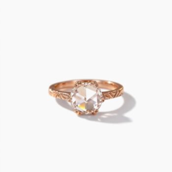 1.63Ct Round Rose Cut Lab Grown Diamond IGI Certified Nature Inspired Leaf Solitaire Ring, Engraved Band, 14K Rose Gold, G Color VS1 Vintage Bridal Ring
