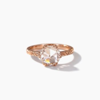 1.63Ct Round Rose Cut Lab Grown Diamond IGI Certified Nature Inspired Leaf Solitaire Ring, Engraved Band, 14K Rose Gold, G Color VS1 Vintage Bridal Ring
