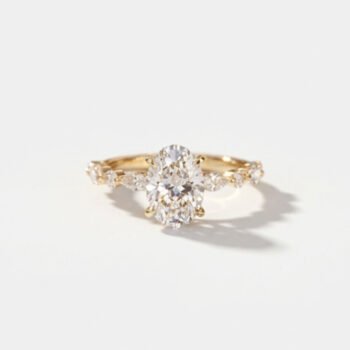 1.0-2.0Ct IGI Certified Oval Cut Lab Grown Diamond Engagement Ring, Marquise & Round Accent Band, 14K Yellow Gold, E Color VS1 Clarity Bridal Ring