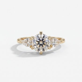 1.0-2.0Ct IGI Certified Round Cut Lab Grown Diamond Three Stone Ring, Pear Side Stones 0.34Ct, 14K Yellow Gold, E Color VS1 Classic Bridal Ring