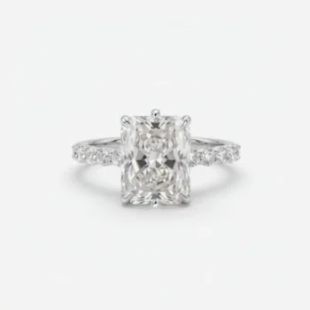 2.72Ct IGI Certified Radiant Cut Lab Grown Diamond Engagement Ring, Round Pavé Band 0.81Ct, 14K White Gold, F Color VS Clarity Statement Bridal Ring