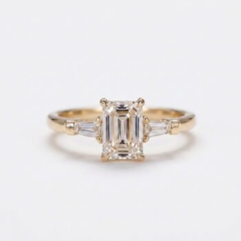 IGI Certified Emerald Cut Moissanite Engagement Ring, 1-3 CT F Color Tapered Baguette Side Stones, 14K Gold Three Stone Ring, VS Clarity