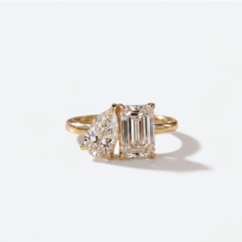 1.55Ct/0.84Ct IGI Certified Emerald & Pear Cut Lab Grown Diamond Toi et Moi Ring, 14K Gold, F Color VS Clarity Unique Two Stone Bridal Ring
