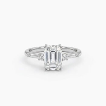 1.0-3.0Ct IGI Certified Emerald Cut Lab Grown Diamond Three Stone Engagement Ring, 14K White Gold, F Color VS1 Clarity Round Side Stones Classic Bridal Ring