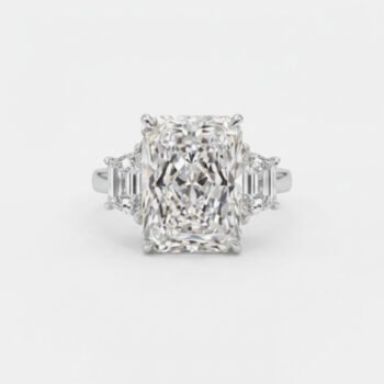 10-12Ct IGI Certified Radiant Cut Lab Grown Diamond Three Stone Engagement Ring, 14K White Gold, F Color VS1 Clarity Trapezoid Side Stones Luxury Ring