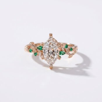 1.0-3.0Ct Certified Dutch Marquise Cut Lab Grown Diamond Nature Inspired Ring, 14K Rose Gold Emerald Leaf Vine Ring, F Color VS Clarity Unique Bridal Ring