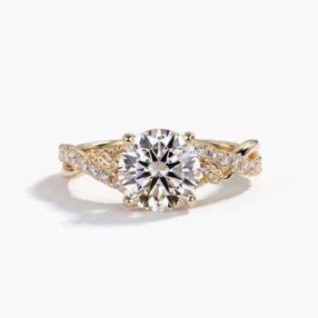 1.0-2.0Ct IGI Certified Round Cut Lab Grown Diamond Nature Inspired Twist Ring, 10K Yellow Gold Leaf Detail Ring, F Color VS Clarity Vintage Bridal Ring