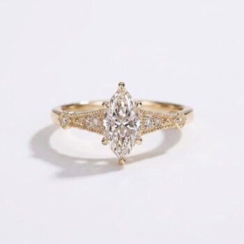 1.0-3.0Ct IGI Certified Marquise Cut Lab Grown Diamond Vintage Art Deco Ring, 14K Yellow Gold Milgrain Kite Detail Ring, F Color VS1 Clarity Antique Bridal Ring