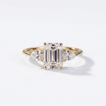 1.0-2.0Ct IGI Certified Emerald Cut Lab Grown Diamond Three Stone Ring, 14K Yellow Gold Pear Cut Side Stones, F Color VS1 Clarity Classic Bridal Ring