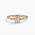 0.50-1.0Ct IGI Certified Emerald Cut Lab Grown Diamond Dainty Cluster Ring, 14K Yellow Gold Round Accent Ring, F Color VS Clarity Delicate Bridal Ring