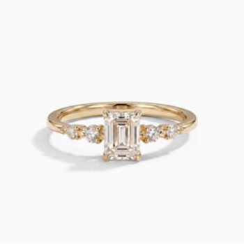 0.50-1.0Ct IGI Certified Emerald Cut Lab Grown Diamond Dainty Cluster Ring, 14K Yellow Gold Round Accent Ring, F Color VS Clarity Delicate Bridal Ring