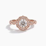 1.0-2.0Ct IGI Certified Round Brilliant Cut Lab Grown Diamond Vintage Floral Halo Ring, 10K Rose Gold Milgrain Marquise Band, EF Color VS Clarity Antique Bridal Ring