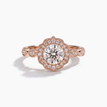 1.0-2.0Ct IGI Certified Round Brilliant Cut Lab Grown Diamond Vintage Floral Halo Ring, 10K Rose Gold Milgrain Marquise Band, EF Color VS Clarity Antique Bridal Ring