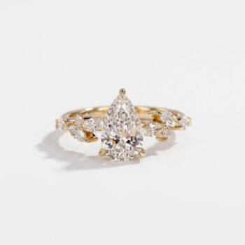 1.0-2.0Ct IGI Certified Pear Cut Lab Grown Diamond Nature Inspired Ring, 14K Yellow Gold Marquise Cluster Ring, F Color VS1 Clarity Unique Bridal Ring