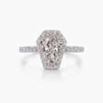 1.0-2.0Ct Certified Coffin Cut Lab Grown Diamond Halo Engagement Ring, 14K White Gold Round Pave Band, F Color VS Clarity Unique Bridal Ring