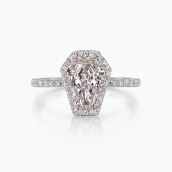 1.0-2.0Ct Certified Coffin Cut Lab Grown Diamond Halo Engagement Ring, 14K White Gold Round Pave Band, F Color VS Clarity Unique Bridal Ring