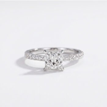 1.0-2.0Ct IGI Certified Princess Cut Lab Grown Diamond Solitaire Ring, 14K White Gold Pave Band, F Color VS Clarity Classic Bridal Ring