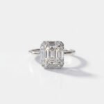 0.98Ct IGI Certified Emerald Cut Lab Grown Diamond Halo Ring, 14K White Gold Baguette & Round Accents, E Color VS2 Clarity Vintage Bridal Ring